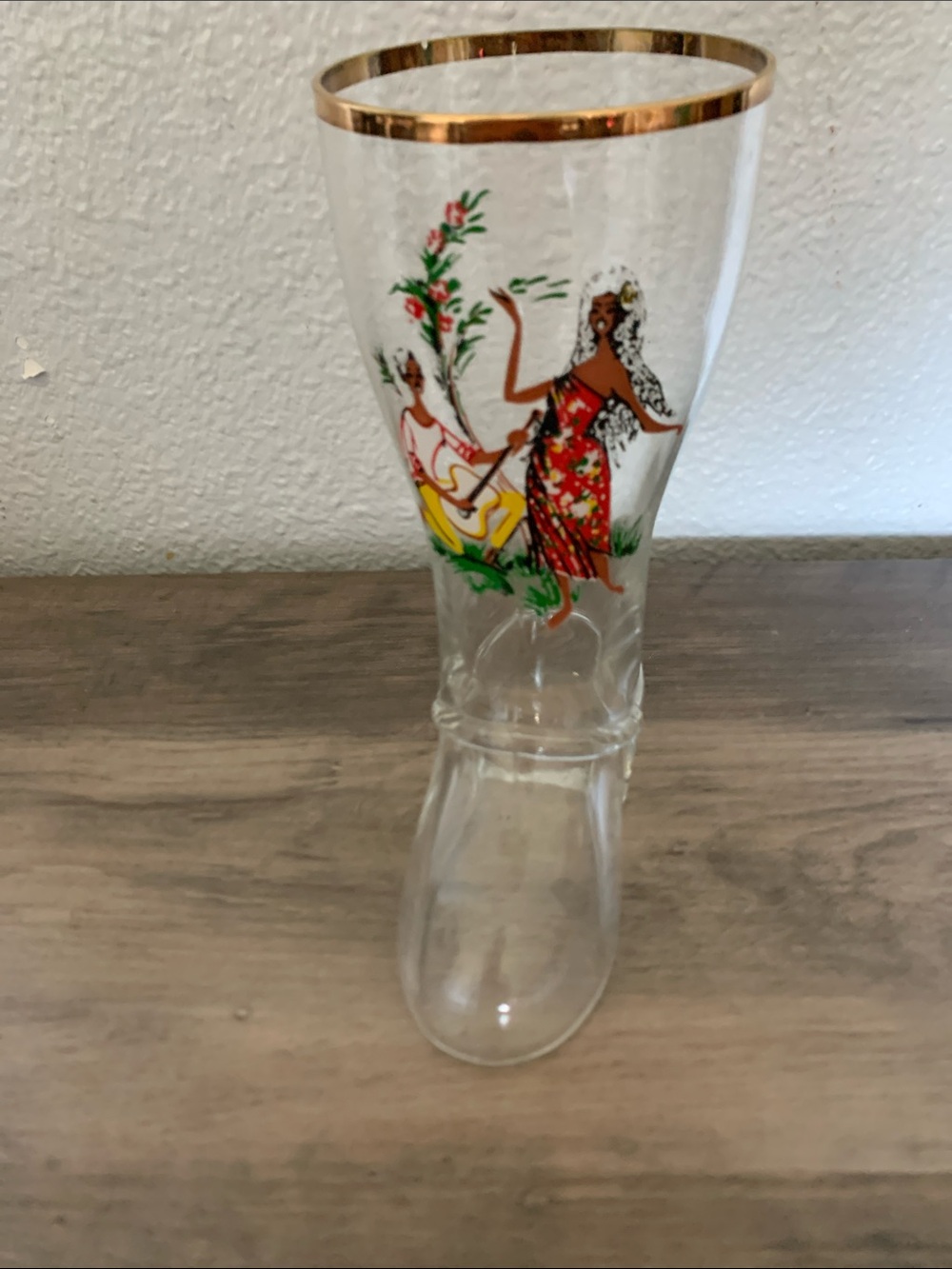 Vintage50s  Glass Boot with Tropical Dancers and Gold Rim